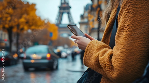 Eiffel Tower Autumn Scene Woman Smartphone Paris Cityscape