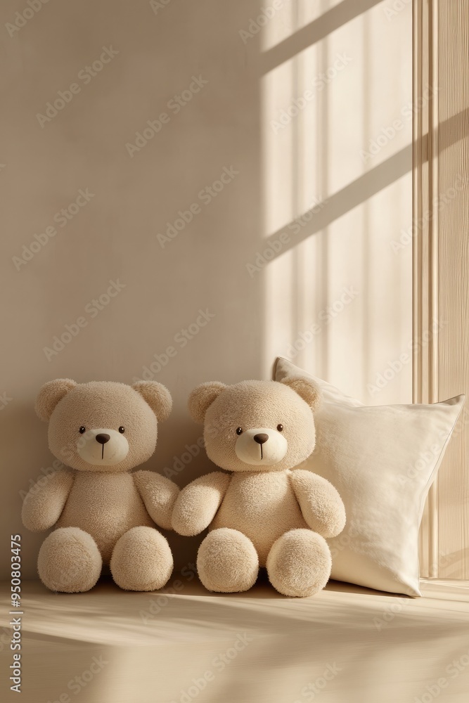 Adorable Teddy Bears and Pillows Interior Design in Minimalist Beige Still Life Adorable Teddy Bears and Pillows Interior Design in Minimalist Beige Still Life