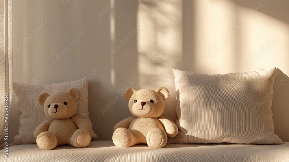 Adorable Teddy Bears and Pillows Interior Design in Minimalist Beige Still Life Adorable Teddy Bears and Pillows Interior Design in Minimalist Beige Still Life