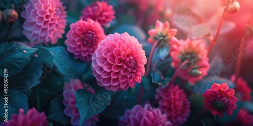 Blooming Ball and Pompon Dahlia Kardinal with Bright Pink Honeycomb Flowers in the Garden photo