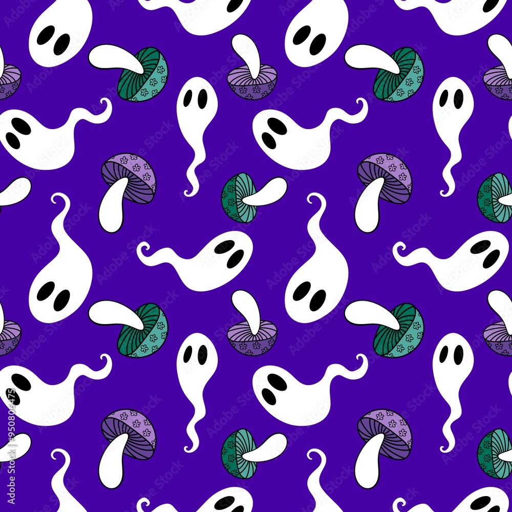 Halloween ghost seamless cartoon mushrooms pattern for wrapping paper Halloween ghost seamless cartoon mushrooms pattern for wrapping paper
