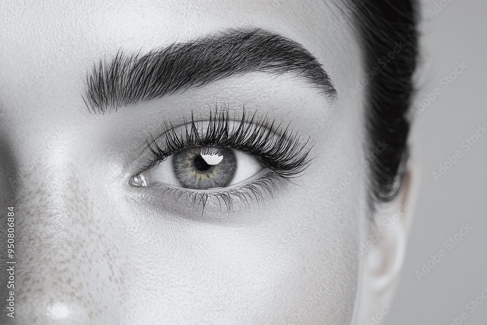 Monochrome close-up of a woman's eye with defined lashes and brows, highlighting facial detail and texture. Ideal for beauty, fashion, and cosmetics campaigns with a focus on minimalism and sophistica Monochrome close-up of a woman's eye with defined lashes and brows, highlighting facial detail and texture. Ideal for beauty, fashion, and cosmetics campaigns with a focus on minimalism and sophistica
