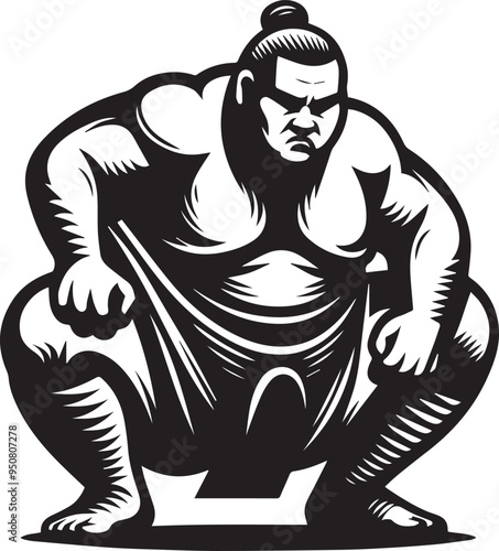A black and white sumo wrestler silhouette design