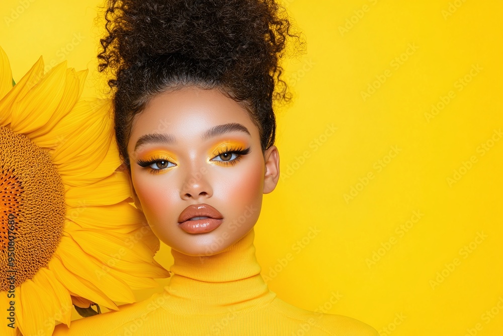 Fashion portrait of a woman with a sunflower and bold yellow makeup against a bright yellow background. Ideal for beauty, fashion, and summer campaigns, emphasizing vibrant colors and modern elegance. Fashion portrait of a woman with a sunflower and bold yellow makeup against a bright yellow background. Ideal for beauty, fashion, and summer campaigns, emphasizing vibrant colors and modern elegance.