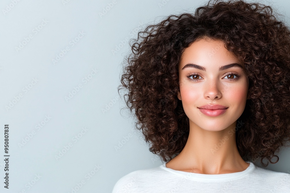 Elegant portrait of a woman with curly hair and soft makeup against a soft gray background. Ideal for beauty, skincare, and fashion branding, emphasizing natural beauty and modern elegance. Elegant portrait of a woman with curly hair and soft makeup against a soft gray background. Ideal for beauty, skincare, and fashion branding, emphasizing natural beauty and modern elegance.