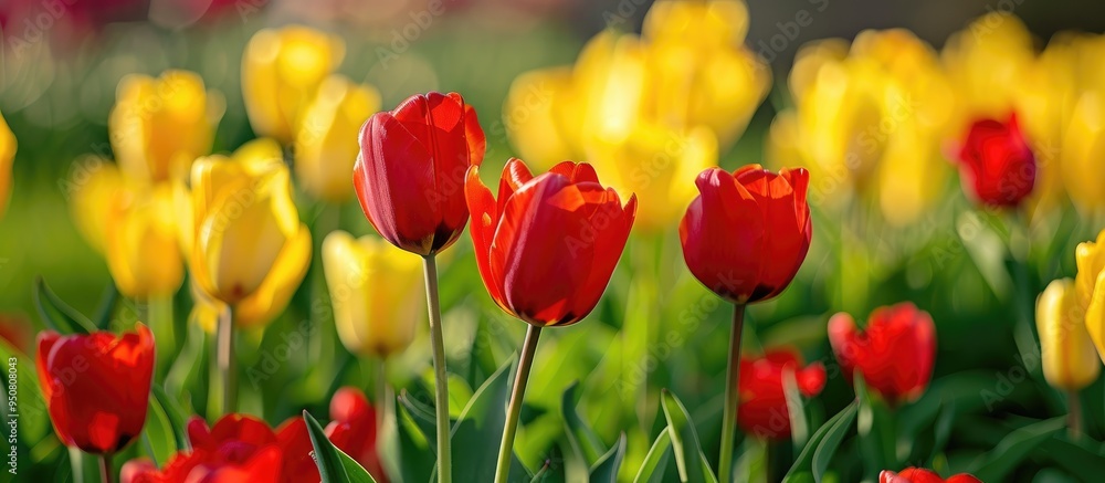 Yellow And Red Tulip Flowers Field And Closeup Yellow And Red Tulip Flowers Field And Closeup