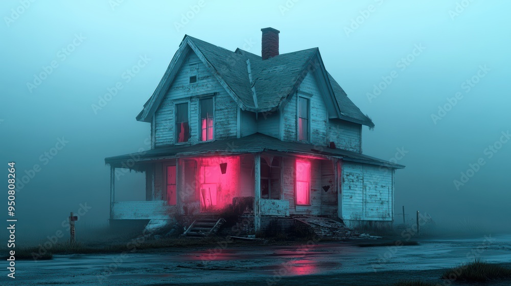 Abandoned House in Fog with Mysterious Pink Glow in Melancholic Atmosphere Abandoned House in Fog with Mysterious Pink Glow in Melancholic Atmosphere