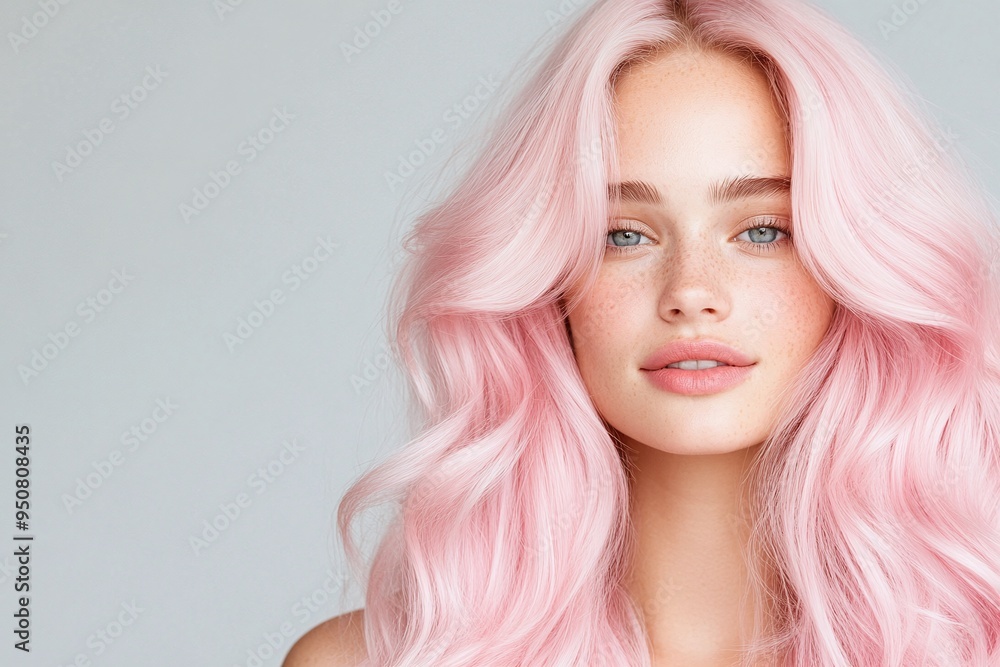 Elegant portrait of a woman with long, wavy pastel pink hair and soft makeup against a neutral background. Perfect for beauty, fashion, and haircare branding, highlighting femininity and modern style. Elegant portrait of a woman with long, wavy pastel pink hair and soft makeup against a neutral background. Perfect for beauty, fashion, and haircare branding, highlighting femininity and modern style.
