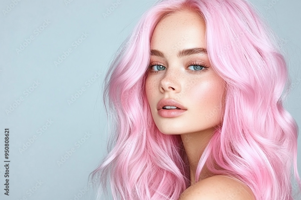 Fashion portrait of a woman with long, voluminous pastel pink hair against a soft gray background. Perfect for beauty, fashion, and haircare campaigns, highlighting bold color trends and modern elegan Fashion portrait of a woman with long, voluminous pastel pink hair against a soft gray background. Perfect for beauty, fashion, and haircare campaigns, highlighting bold color trends and modern elegan
