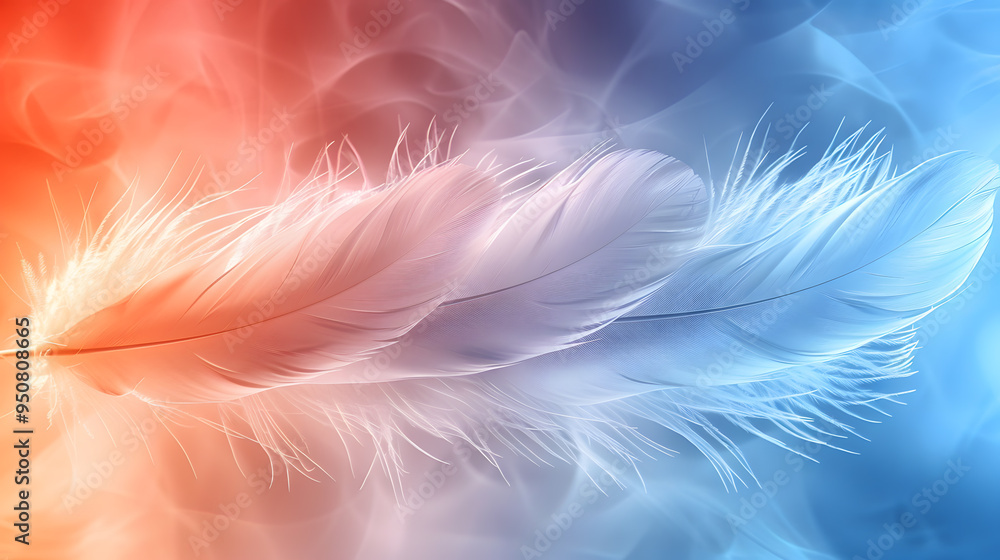 Close-up photo of white fluffy feathers under colorful pastel neon foggy mist. Close-up photo of white fluffy feathers under colorful pastel neon foggy mist.