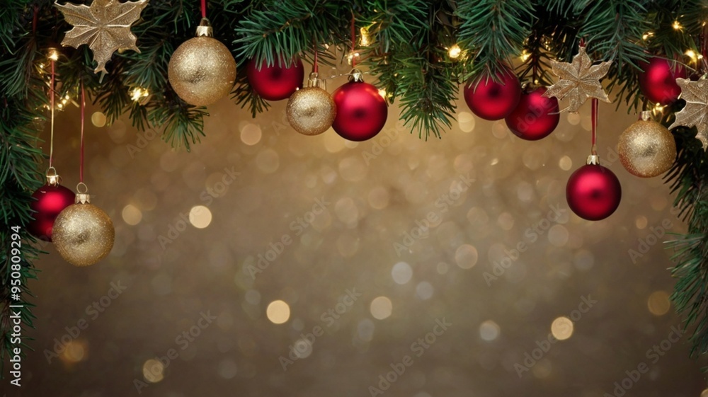 red, silver and gold christmas tree decorations with christmas tree branches on simple background red, silver and gold christmas tree decorations with christmas tree branches on simple background