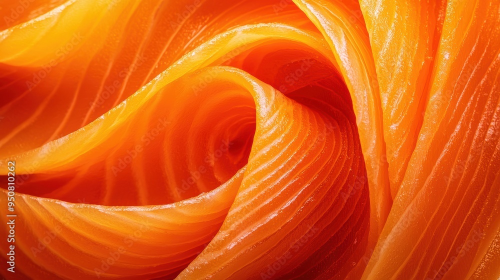 Obraz premium Close-Up Of Orange Swirled Salmon Slice Showcasing Details And Freshness With Textured Surface