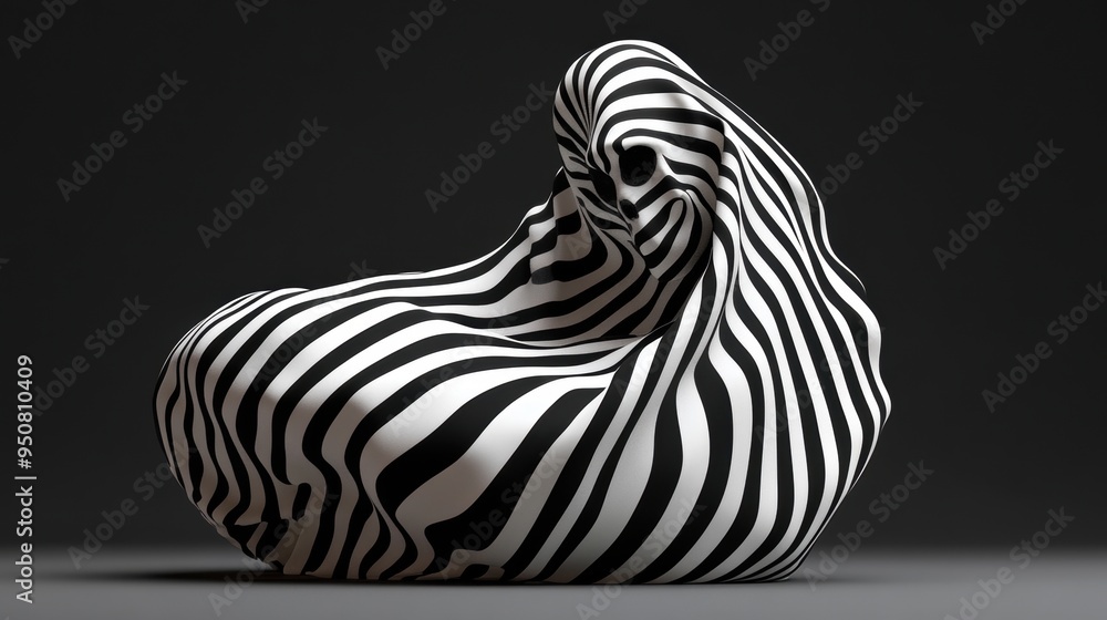 Obraz premium Abstract Black and White Striped Sculpture Against Dark Background