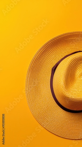 Minimalistic close up of a summer straw hat on a bright yellow background