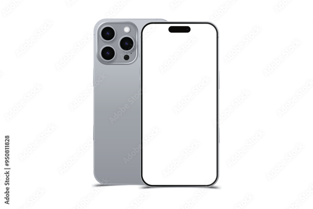 Set Mock-up of realistic Smartphones in titanium-plated. Two modern telephones. Front side with screen and back side with cameras isolated on white background with shadow. Flat vector illustration EPS Set Mock-up of realistic Smartphones in titanium-plated. Two modern telephones. Front side with screen and back side with cameras isolated on white background with shadow. Flat vector illustration EPS
