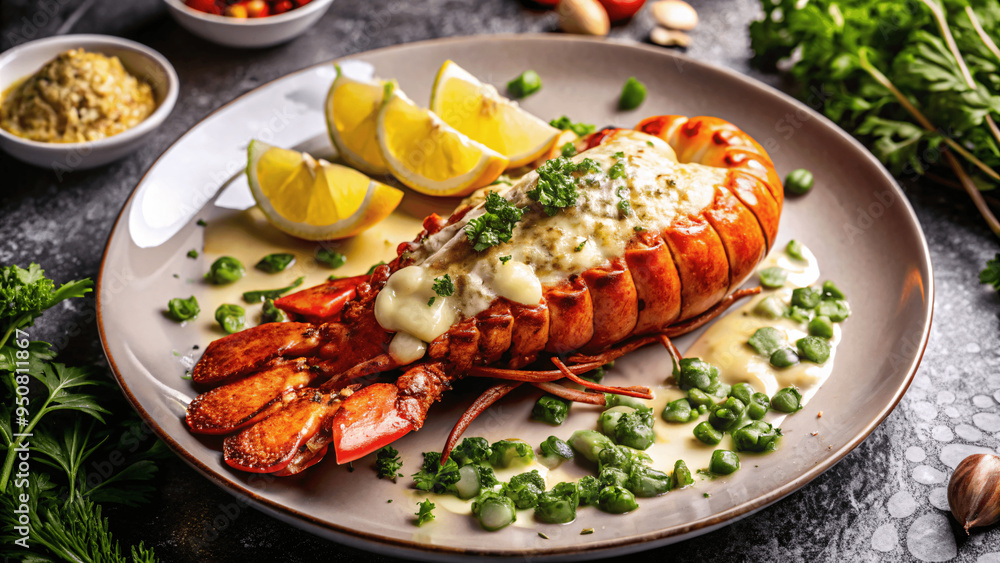 A meticulously detailed shot of a gourmet seafood dish featuring a lobster tail, garlic butter, and fresh herbs, presented on a fine dining plate A meticulously detailed shot of a gourmet seafood dish featuring a lobster tail, garlic butter, and fresh herbs, presented on a fine dining plate