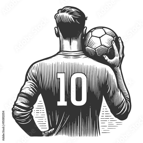 soccer player from behind, holding a soccer ball under one arm, athleticism and sportsmanship sketch engraving generative ai vector illustration. Scratch board imitation. Black and white image.