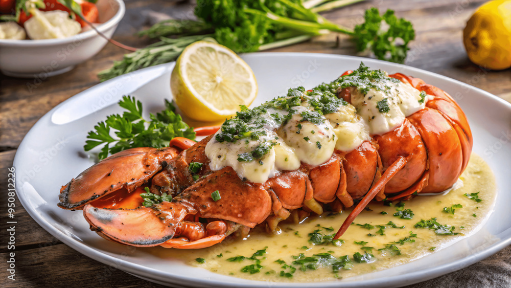 A meticulously detailed shot of a gourmet seafood dish featuring a lobster tail, garlic butter, and fresh herbs, presented on a fine dining plate A meticulously detailed shot of a gourmet seafood dish featuring a lobster tail, garlic butter, and fresh herbs, presented on a fine dining plate