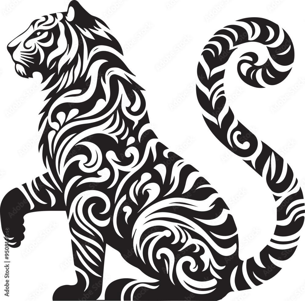 A black and white tiger silhouette design A black and white tiger silhouette design