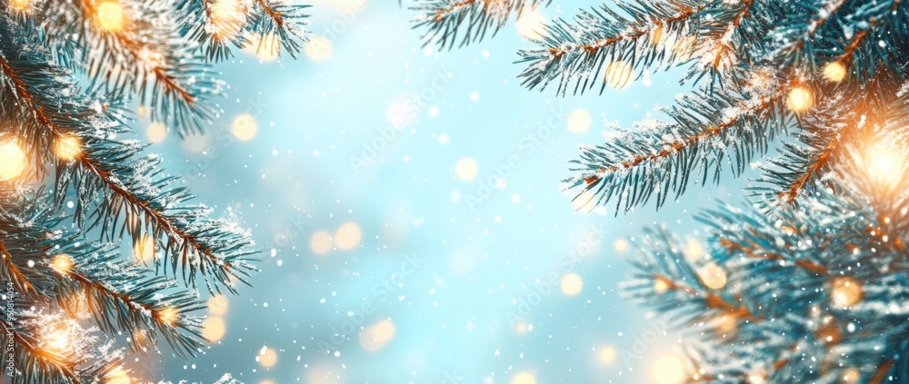 Festive Christmas background with fir branches and glowing lights Shiny turquoise blue sky with snowflakes Winter New Year banner template design Generative AI Festive Christmas background with fir branches and glowing lights Shiny turquoise blue sky with snowflakes Winter New Year banner template design Generative AI