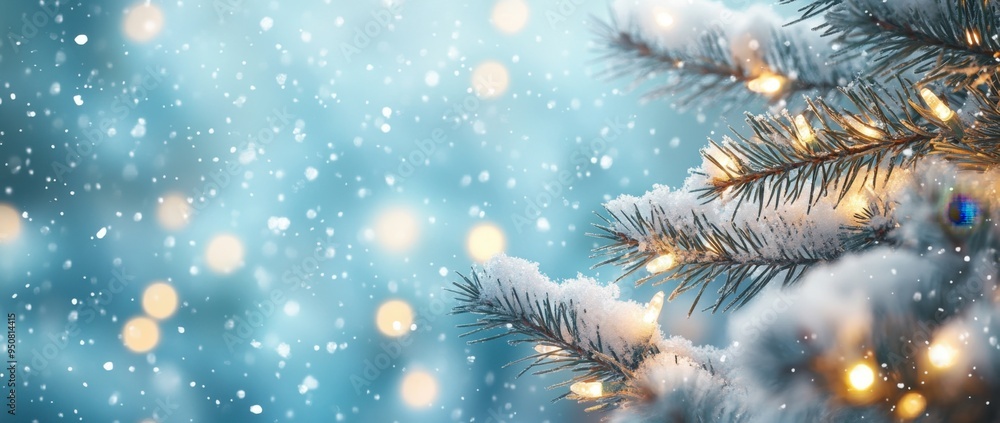 Christmas background with lights and snowflakes, in a light blue color, Christmas tree branches with lights, snow falling, space for text, festive decoration, winter theme Generative AI Christmas background with lights and snowflakes, in a light blue color, Christmas tree branches with lights, snow falling, space for text, festive decoration, winter theme Generative AI