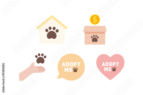 Pet adoption shelter set icon. Helping homeless animal, charity, care, donation, support, veterinary concepts. Suitable for poster, flyer. Flat vector design isolated illustration on white background.