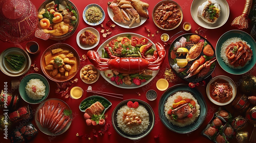 Traditional Chinese New Year Feast with Festive Dishes and Cultural Decorations on Display Traditional Chinese New Year Feast with Festive Dishes and Cultural Decorations on Display