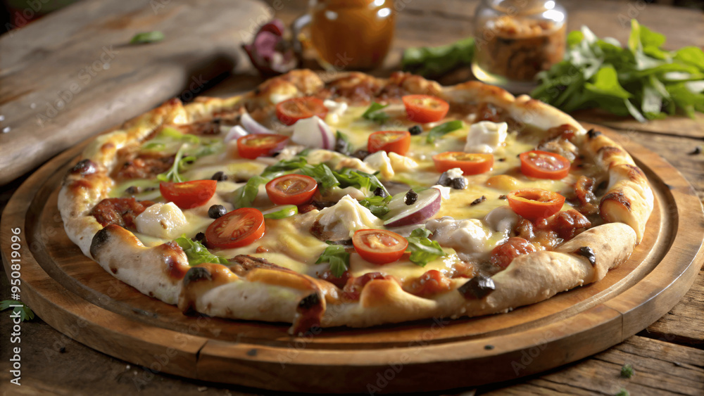 A high-resolution image of a gourmet pizza fresh out of the oven with melted cheese and toppings A high-resolution image of a gourmet pizza fresh out of the oven with melted cheese and toppings