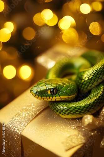 Vertical greeting card for the year of the snake. The snake on the golden gift.For design, print, wallpaper, poster, interior, advertising, banner.Vacation concept.Winter xmas holiday theme. photo