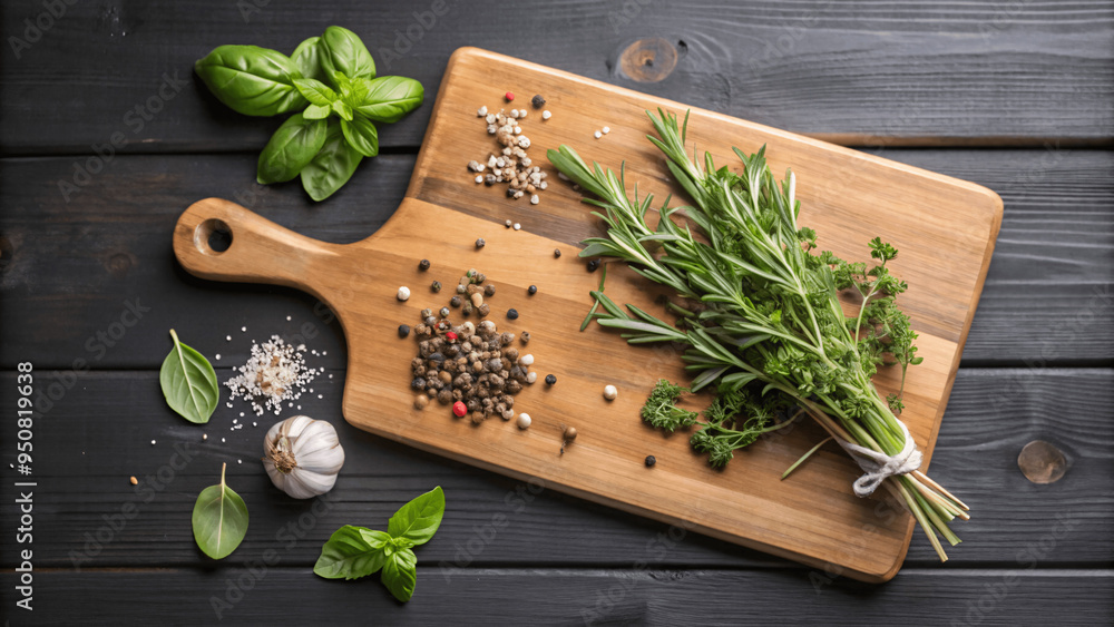 A realistic image of a polished wooden cutting board with fresh herbs and spices
A realistic image of a polished wooden cutting board with fresh herbs and spices