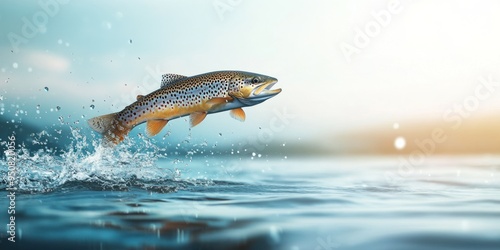 A beautiful and realistic photo of an incredibly gorgeous brown trout jumping out of the water