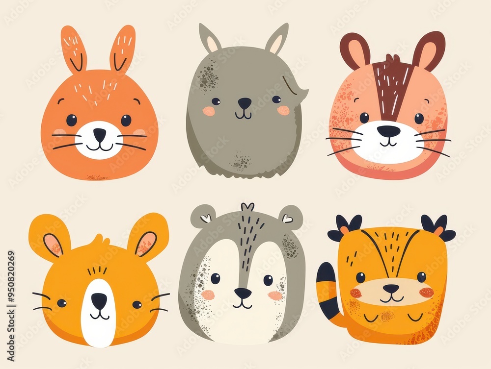 Obraz premium A collection of adorable, hand-drawn animal faces with expressive eyes, featuring various forest creatures in a cartoon style.
