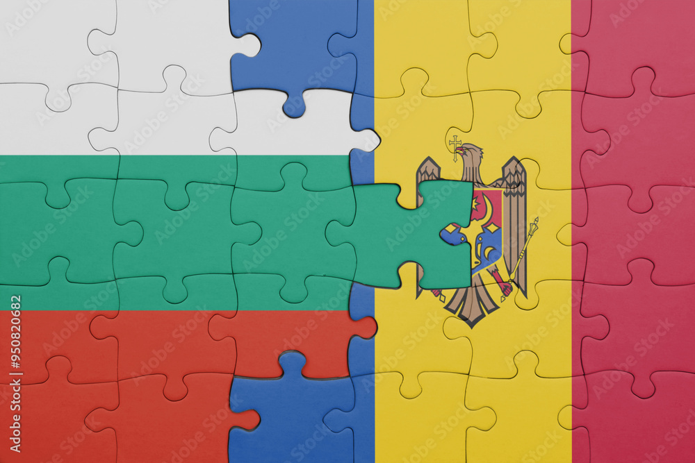puzzle with the colourful national flag of moldova and flag of bulgaria. puzzle with the colourful national flag of moldova and flag of bulgaria.