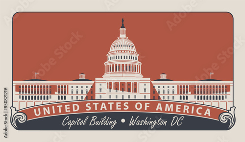 Vector banner with inscriptions and the image of the USA Capitol in Washington DC in retro style