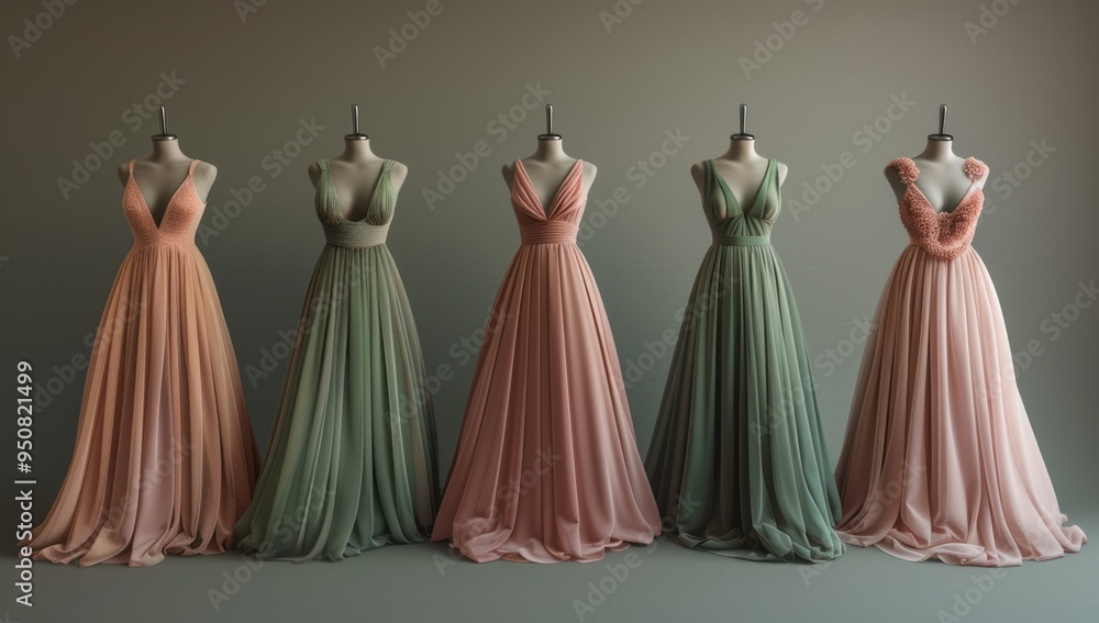 6 dress styles, a floor-length gown with a pleated skirt and a V-neck neckline in pastel pink 6 dress styles, a floor-length gown with a pleated skirt and a V-neck neckline in pastel pink