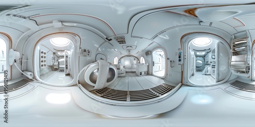 360 panorama, equirectangular photograph of an alien spaceship interior on a white background