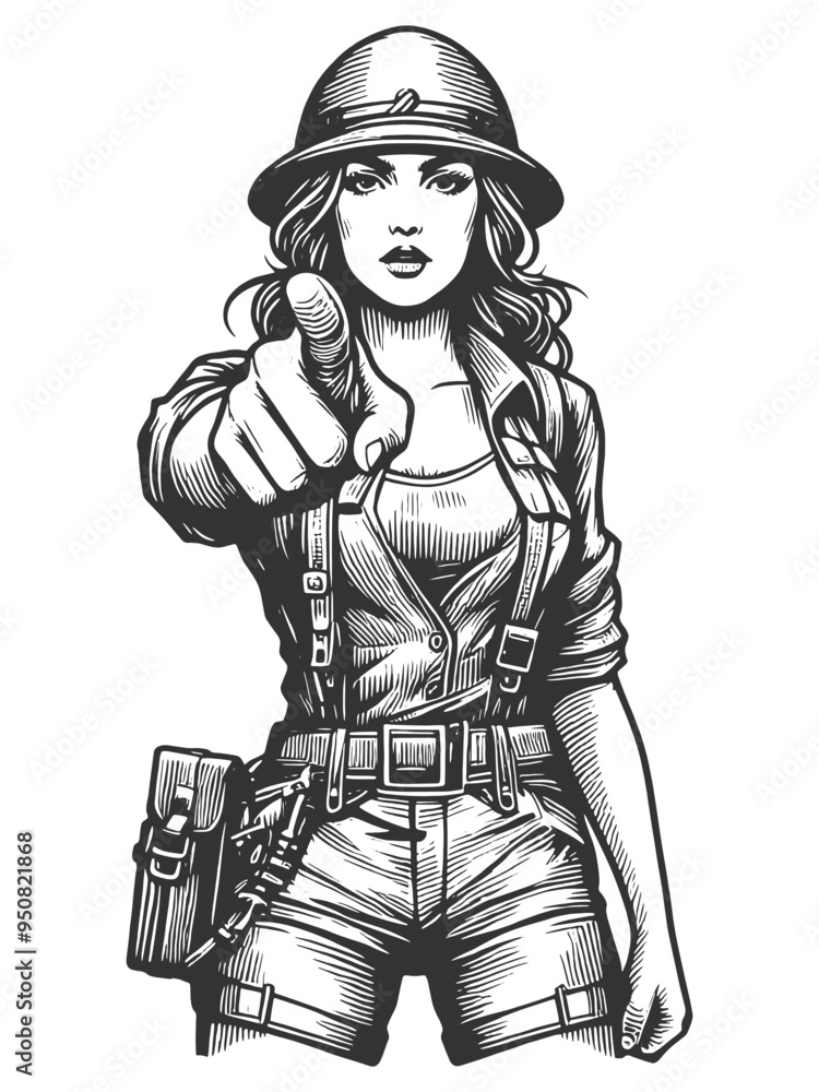 Obraz premium woman in military gear pointing forward, classic recruitment poster or wartime propaganda sketch engraving generative ai vector illustration. Scratch board imitation. Black and white image.