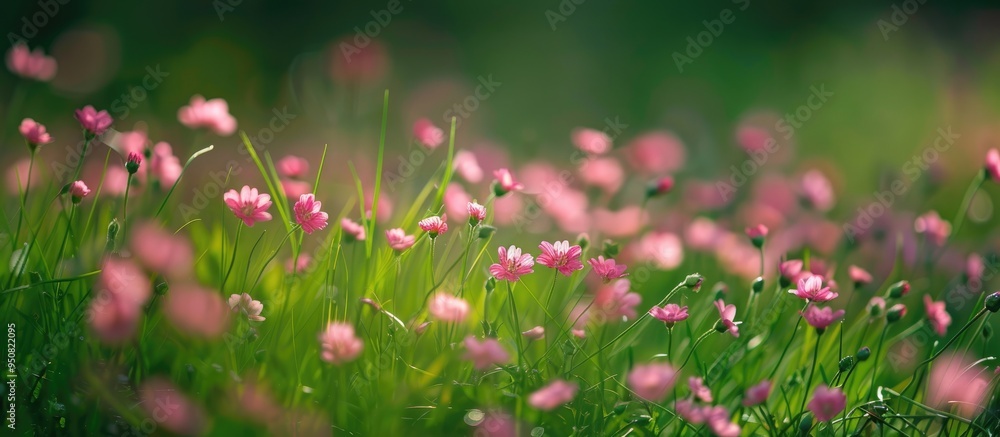 Beautiful Small Pink Flowers In A Grass Field Beautiful Small Pink Flowers In A Grass Field