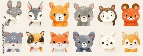 A collection of adorable, hand-drawn animal faces with expressive eyes, featuring various forest creatures in a cartoon style.