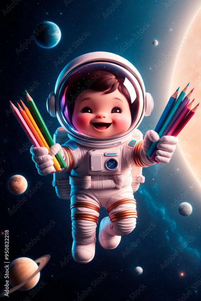 A cute 3D astronaut in space holding colorful pencils against a backdrop of stars and planets. Back-to-school, cosmic discounts on stationery, creativity, and education concept A cute 3D astronaut in space holding colorful pencils against a backdrop of stars and planets. Back-to-school, cosmic discounts on stationery, creativity, and education concept