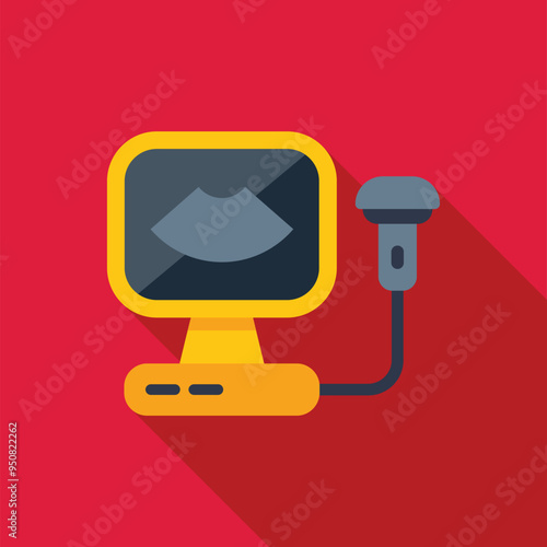 Ultrasound machine displaying fetus on screen during medical exam with probe and buttons visible in flat design