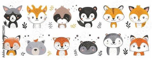 A collection of adorable, hand-drawn animal faces with expressive eyes, featuring various forest creatures in a cartoon style.