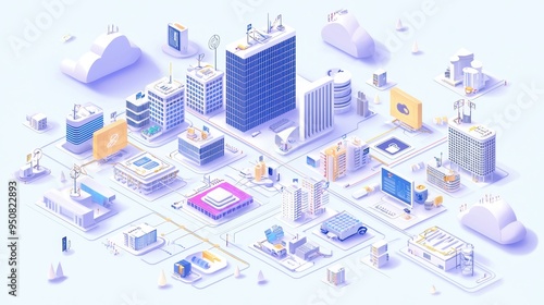 D Isometric Illustration of Cloud Computing Data Center Network with Servers  Buildings and Cloud Icons