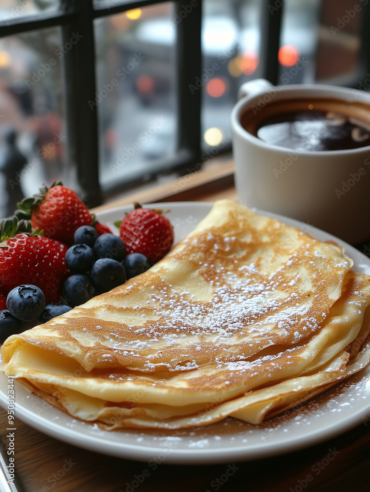 Elegant Crêpe with Fresh Berries and Powdered Sugar in a French Café Setting Elegant Crêpe with Fresh Berries and Powdered Sugar in a French Café Setting
