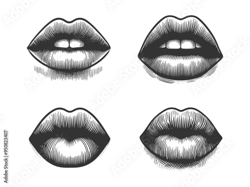 Set of sensual female woman full lips sketch engraving generative ai fictional character vector illustration. Scratch board imitation. Black and white image.