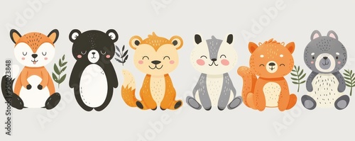 A collection of adorable, hand-drawn animal faces with expressive eyes, featuring various forest creatures in a cartoon style.