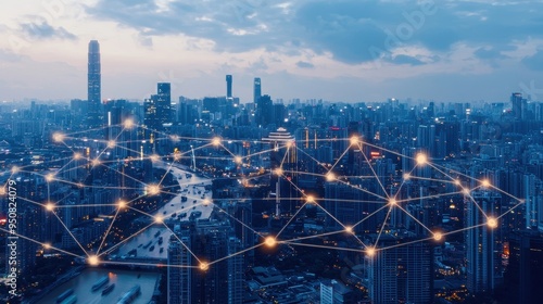 Wallpaper Mural Cityscape with Network Connections at Night Torontodigital.ca