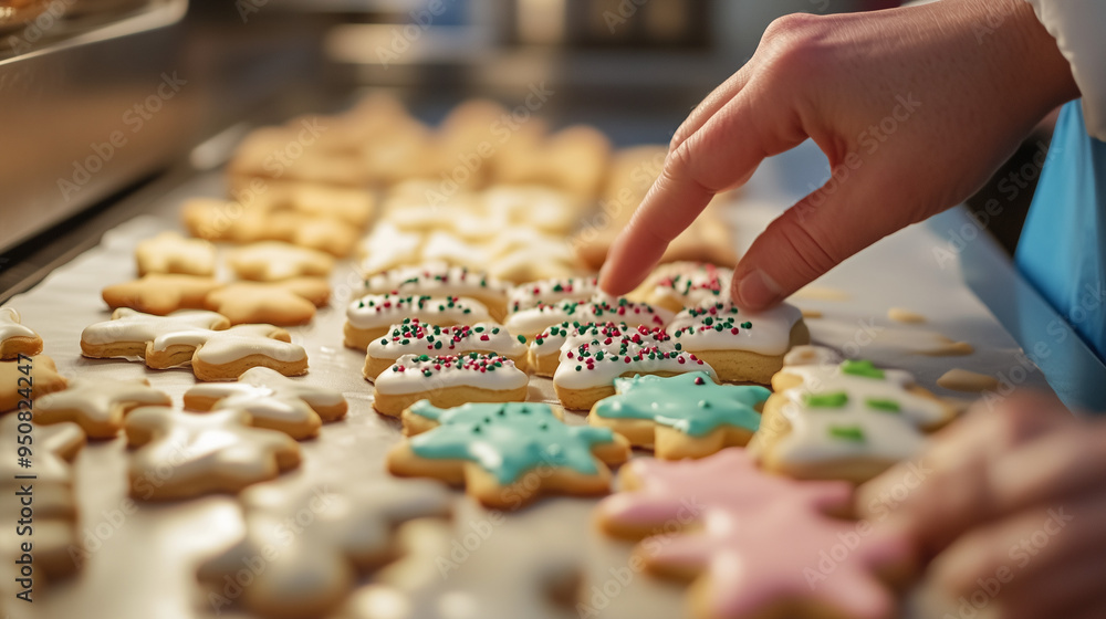 Holiday-Themed Cookies Being Prepared by a Baker with Festive Dough Shapes and Colorful Icing Holiday-Themed Cookies Being Prepared by a Baker with Festive Dough Shapes and Colorful Icing