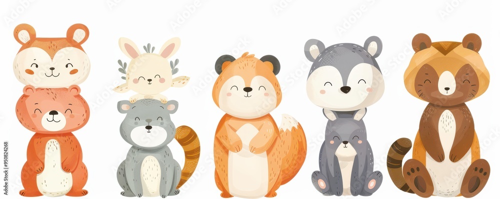 Obraz premium A collection of adorable, hand-drawn animal faces with expressive eyes, featuring various forest creatures in a cartoon style.