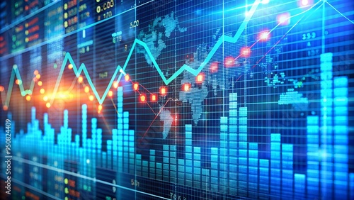 Stock Market Chart Trading Analysis Investments Financial, Stock Exchange, Technical Price Chart and Indicator, Red and Green Candles on Blue Screen. Stock trading is an upward trend.